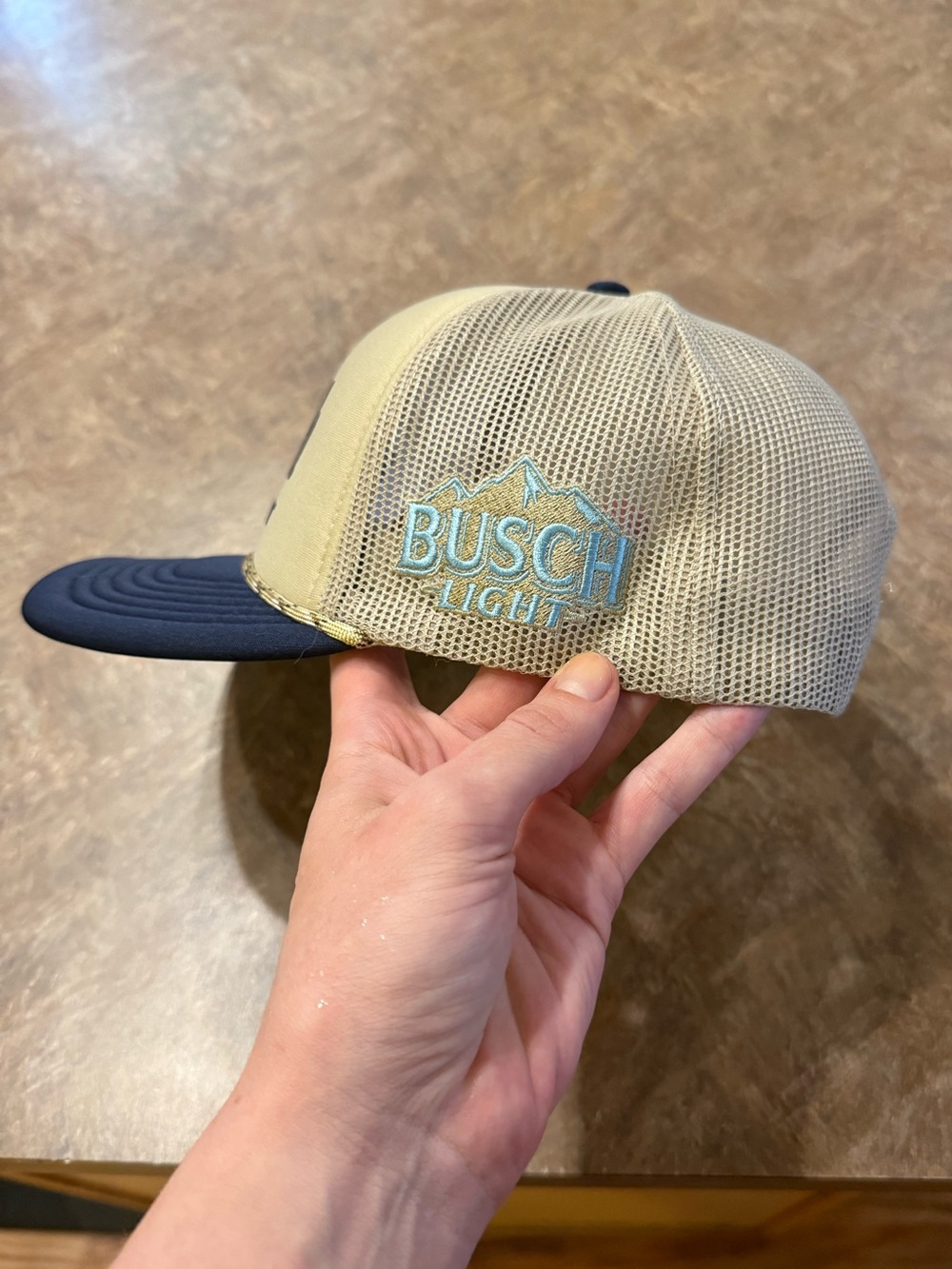 NWOT Busch Light Mesh Trucker Hat in Tan and Navy - Picture 2 of 3